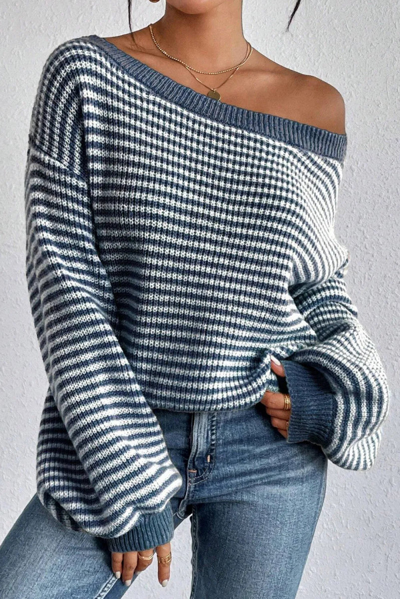 Striped Round Neck Dropped Shoulder Sweater - S. M. & Co.