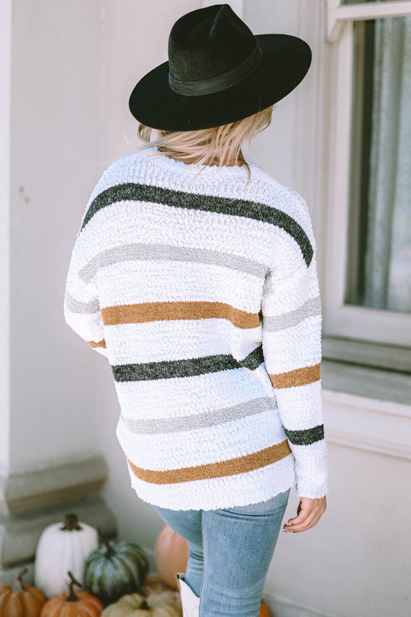 Striped Round Neck Dropped Shoulder Sweater - S. M. & Co.