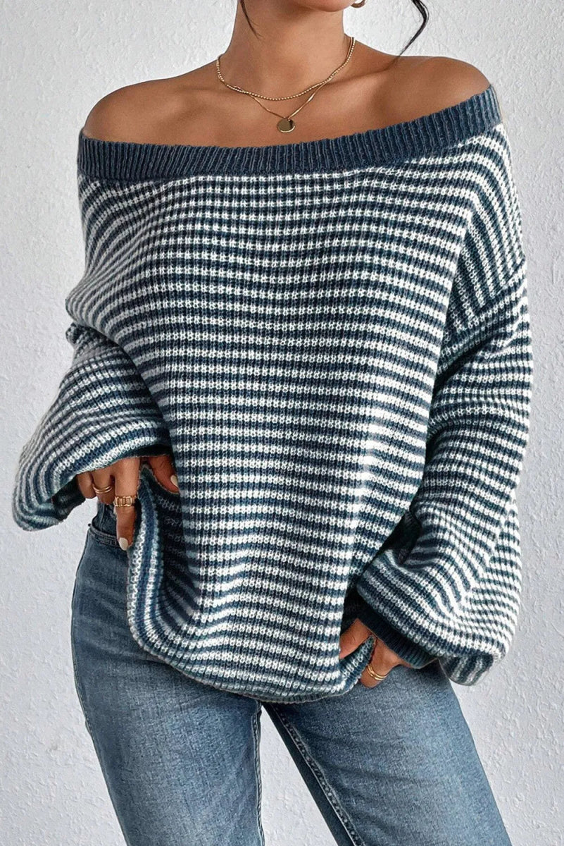 Striped Round Neck Dropped Shoulder Sweater - S. M. & Co.