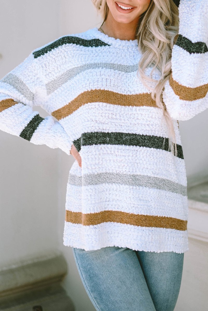 Striped Round Neck Dropped Shoulder Sweater - S. M. & Co.