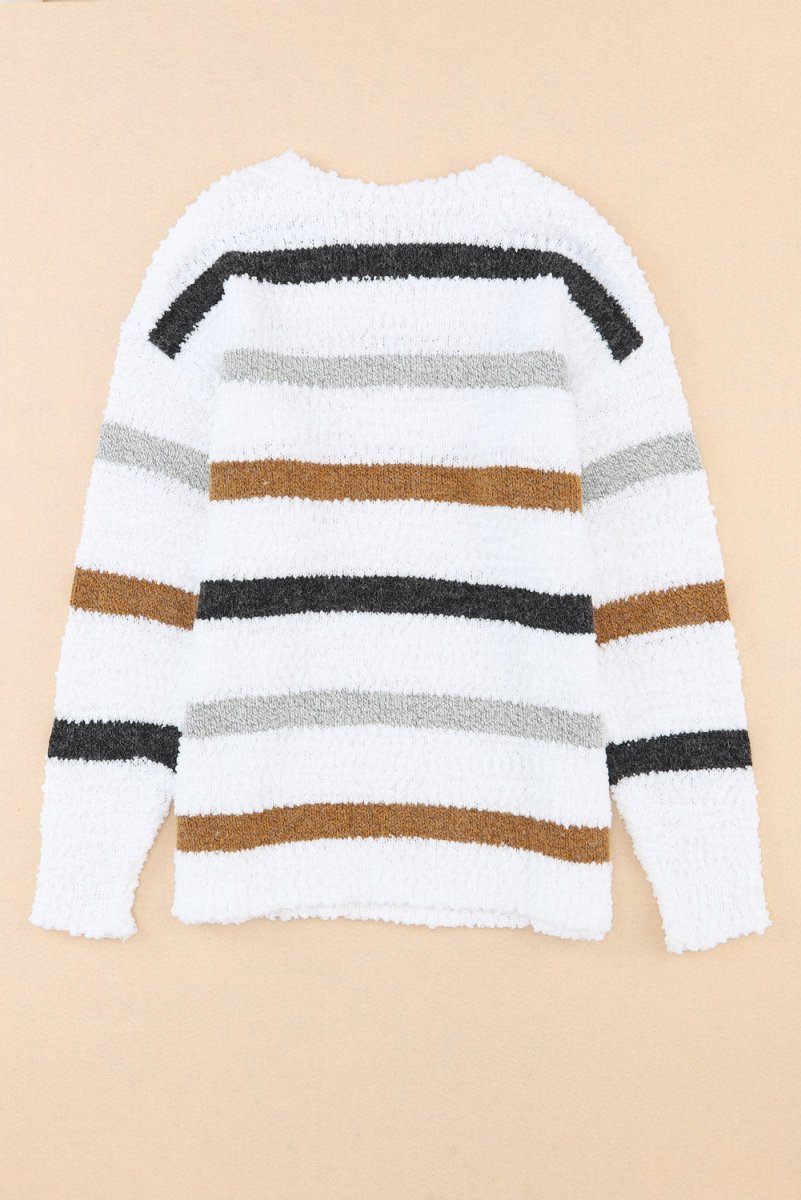 Striped Round Neck Dropped Shoulder Sweater - S. M. & Co.