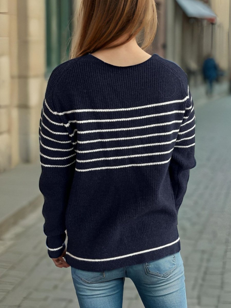 Striped Round Neck Long Sleeve Sweater - S. M. & Co.