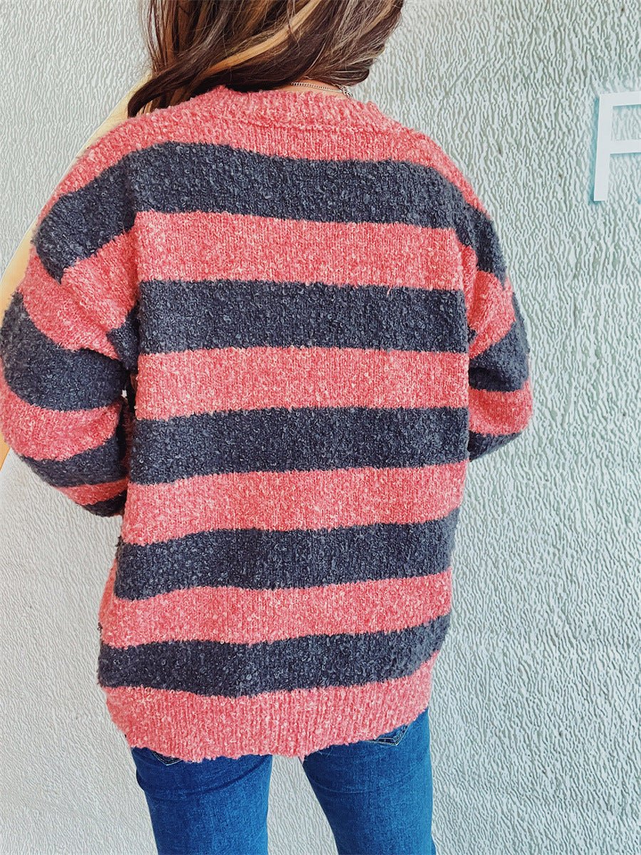 Striped Round Neck Long Sleeve Sweater - S. M. & Co.