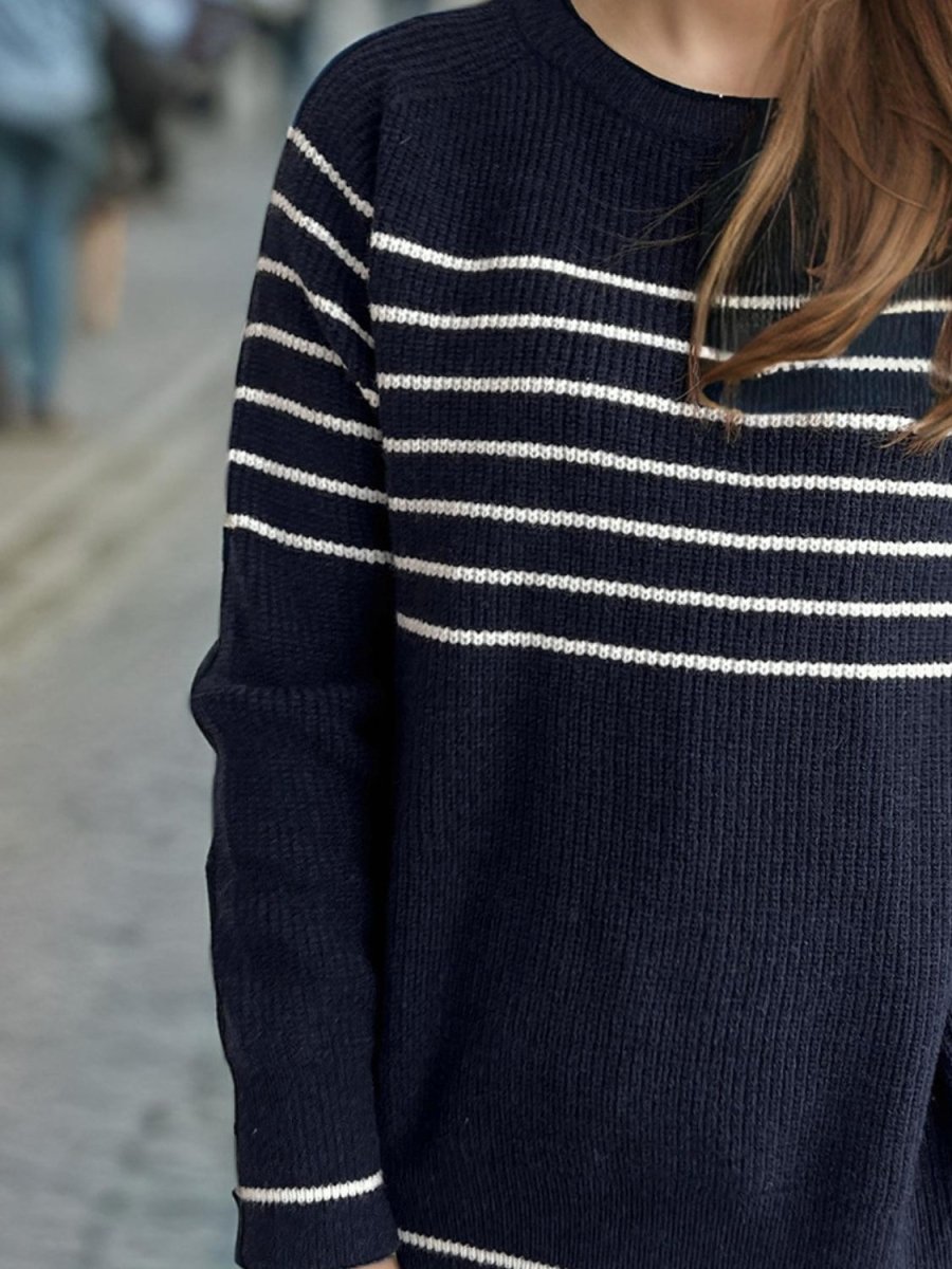 Striped Round Neck Long Sleeve Sweater - S. M. & Co.