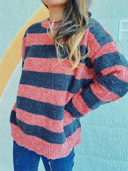 Striped Round Neck Long Sleeve Sweater - S. M. & Co.