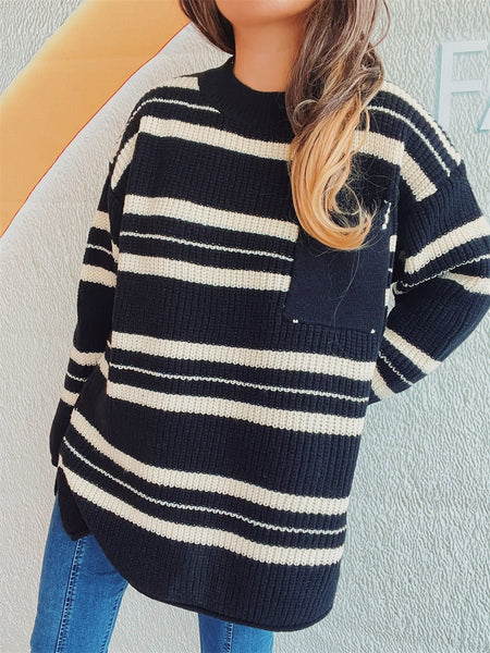 Striped Round Neck Long Sleeve Sweater - S. M. & Co.