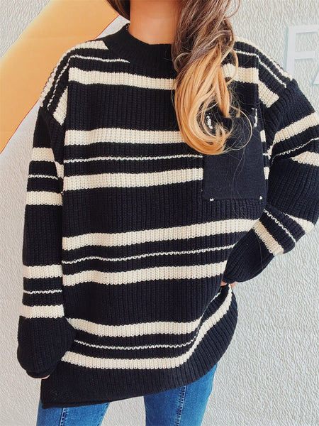 Striped Round Neck Long Sleeve Sweater - S. M. & Co.