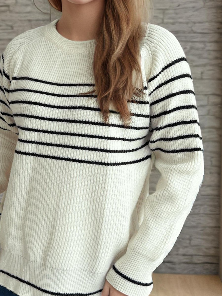 Striped Round Neck Long Sleeve Sweater - S. M. & Co.