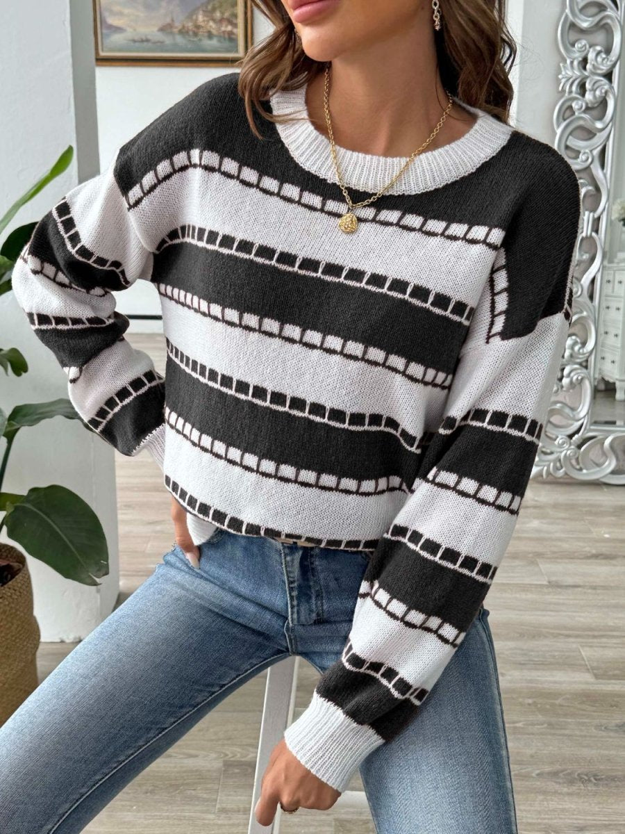 Striped Round Neck Long Sleeve Sweater - S. M. & Co.