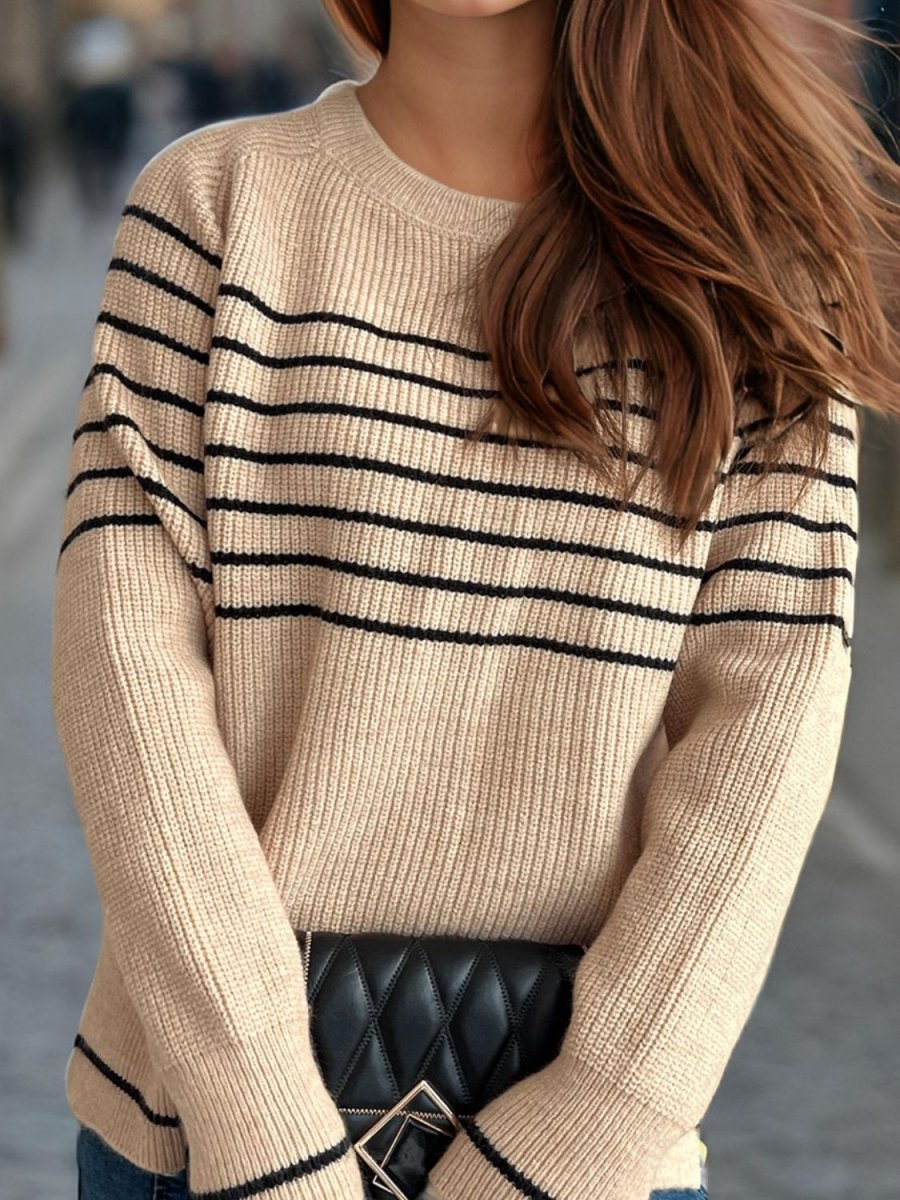 Striped Round Neck Long Sleeve Sweater - S. M. & Co.