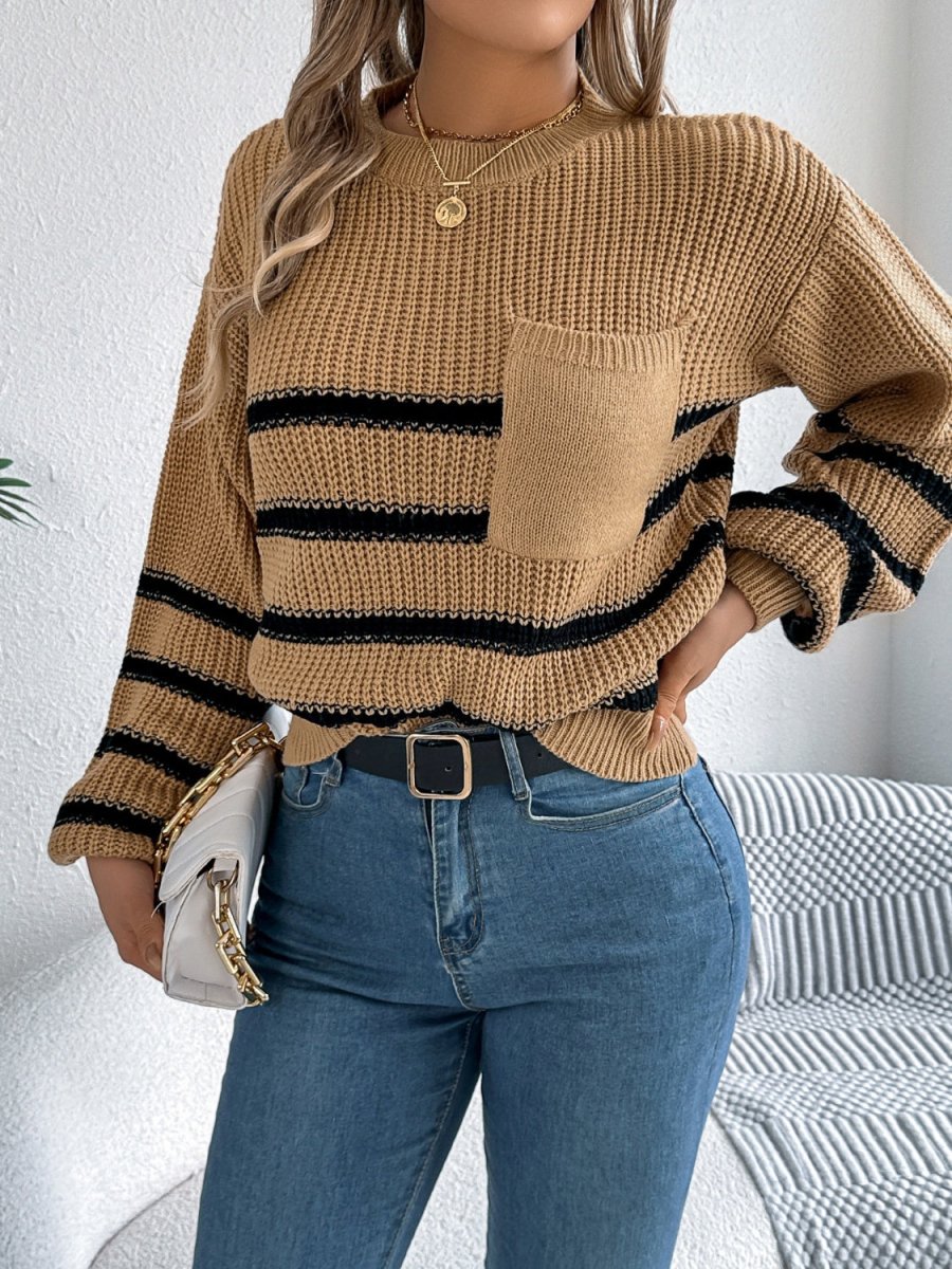 Striped Round Neck Long Sleeve Sweater - S. M. & Co.