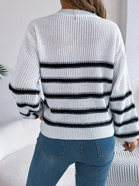 Striped Round Neck Long Sleeve Sweater - S. M. & Co.