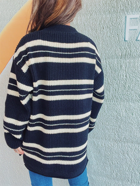 Striped Round Neck Long Sleeve Sweater - S. M. & Co.