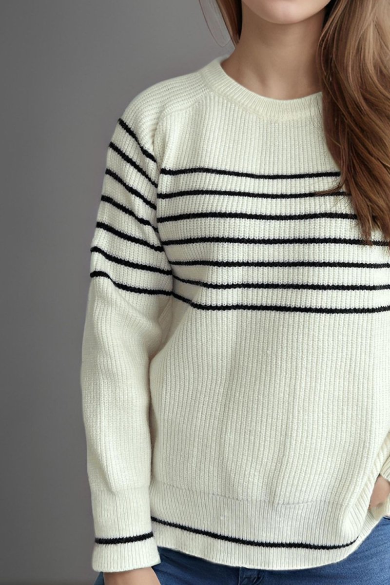 Striped Round Neck Long Sleeve Sweater - S. M. & Co.