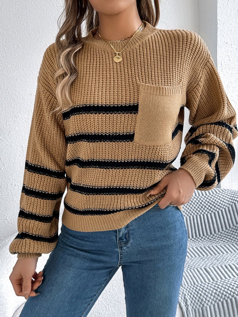 Striped Round Neck Long Sleeve Sweater - S. M. & Co.