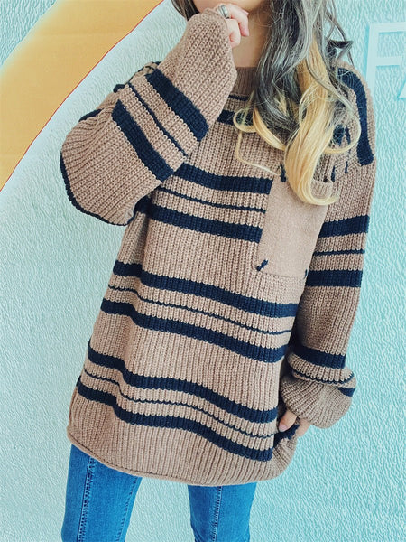 Striped Round Neck Long Sleeve Sweater - S. M. & Co.