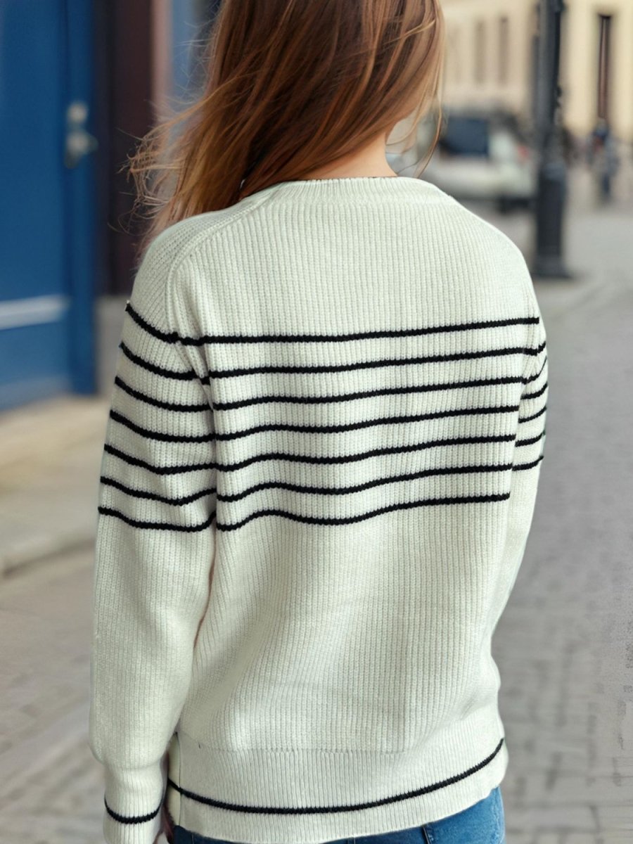 Striped Round Neck Long Sleeve Sweater - S. M. & Co.