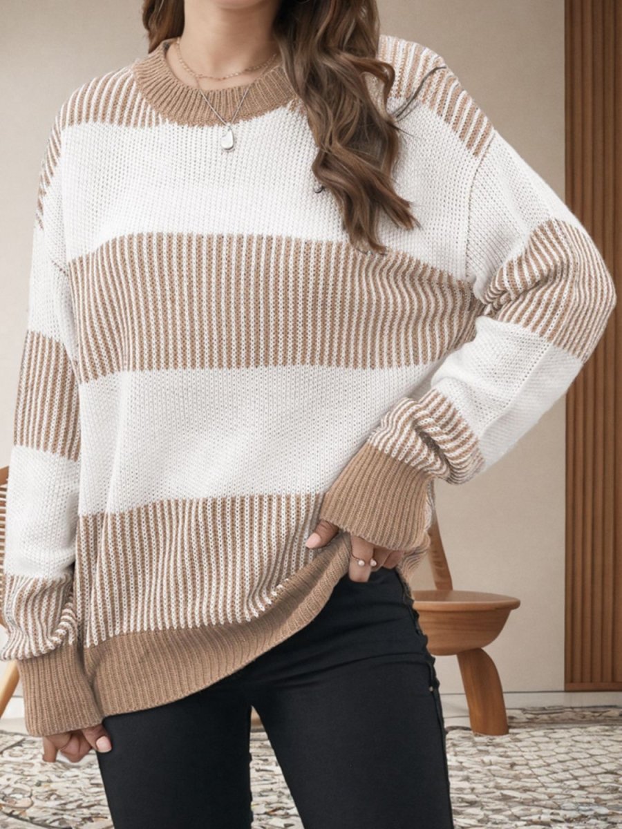 Striped Round Neck Long Sleeve Sweater - S. M. & Co.