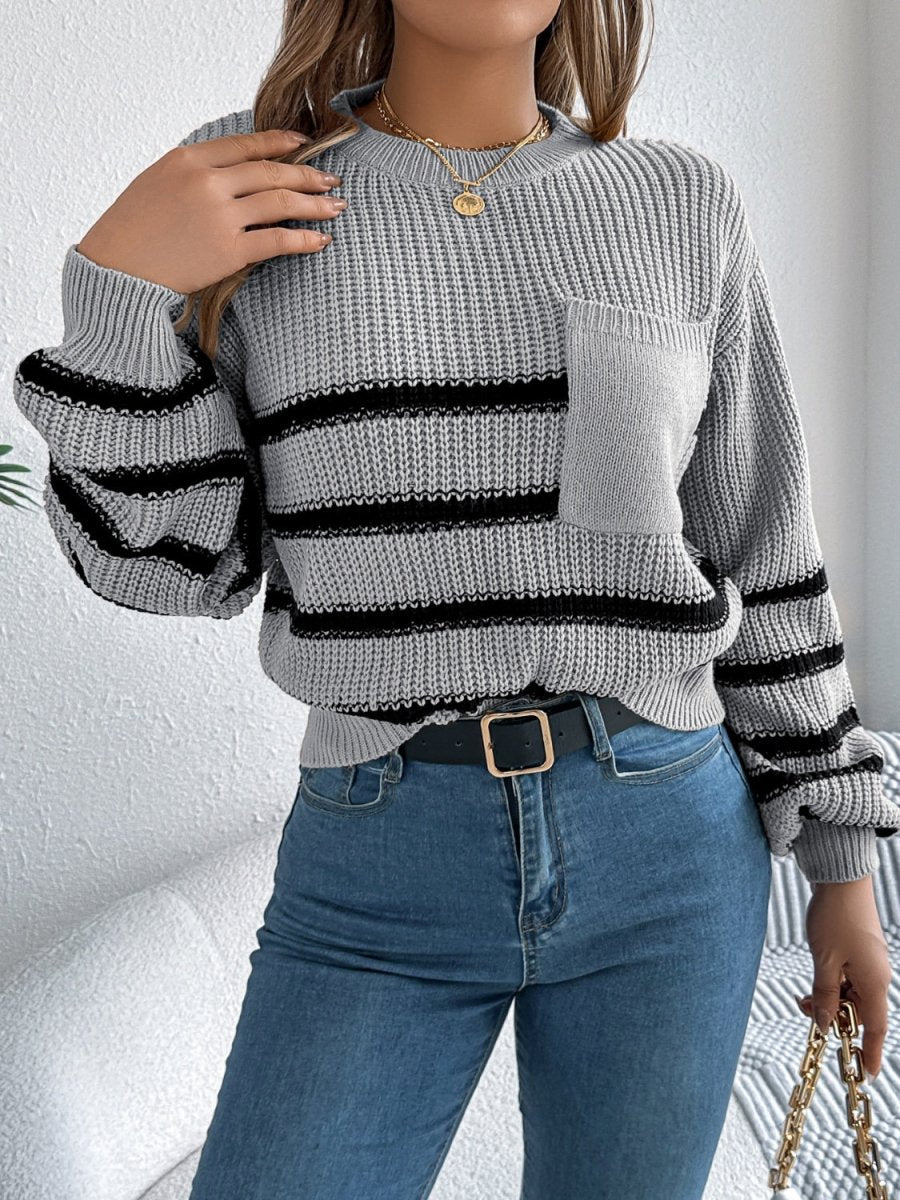 Striped Round Neck Long Sleeve Sweater - S. M. & Co.