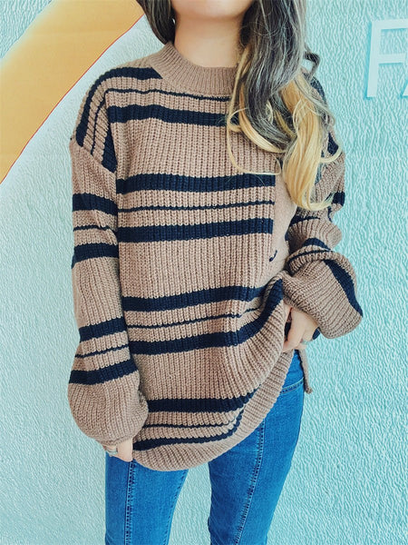 Striped Round Neck Long Sleeve Sweater - S. M. & Co.