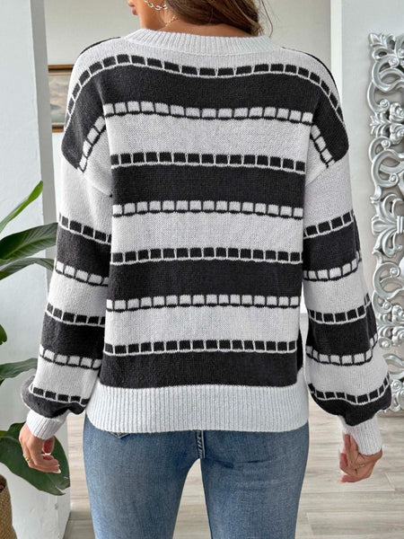 Striped Round Neck Long Sleeve Sweater - S. M. & Co.