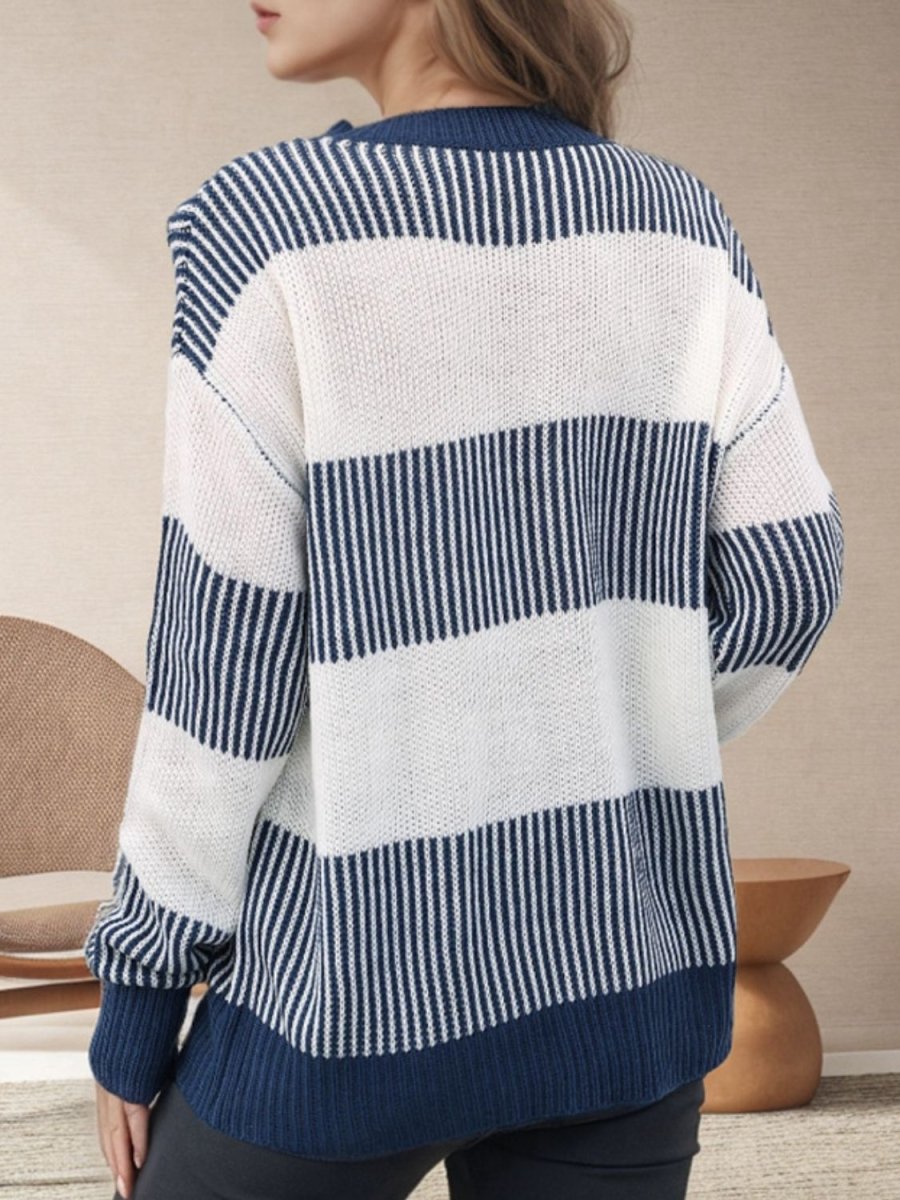 Striped Round Neck Long Sleeve Sweater - S. M. & Co.