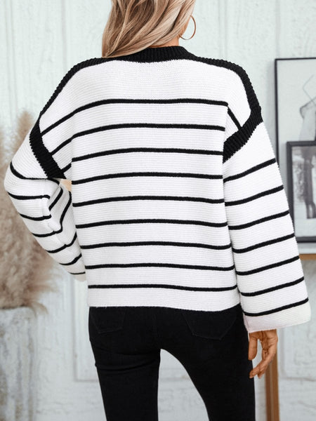 Striped Round Neck Long Sleeve Sweater - S. M. & Co.