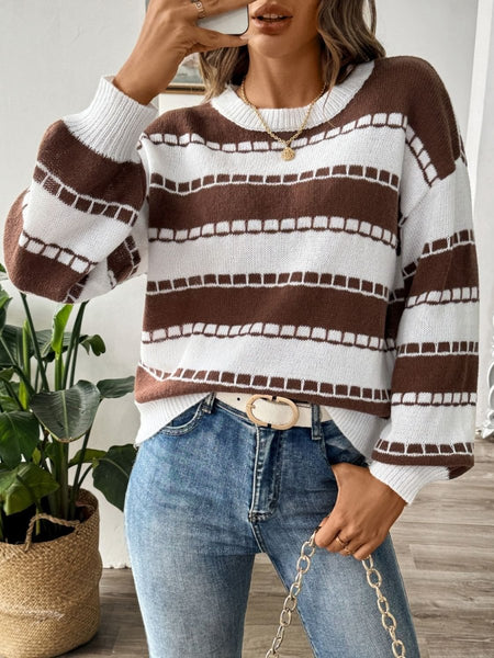 Striped Round Neck Long Sleeve Sweater - S. M. & Co.