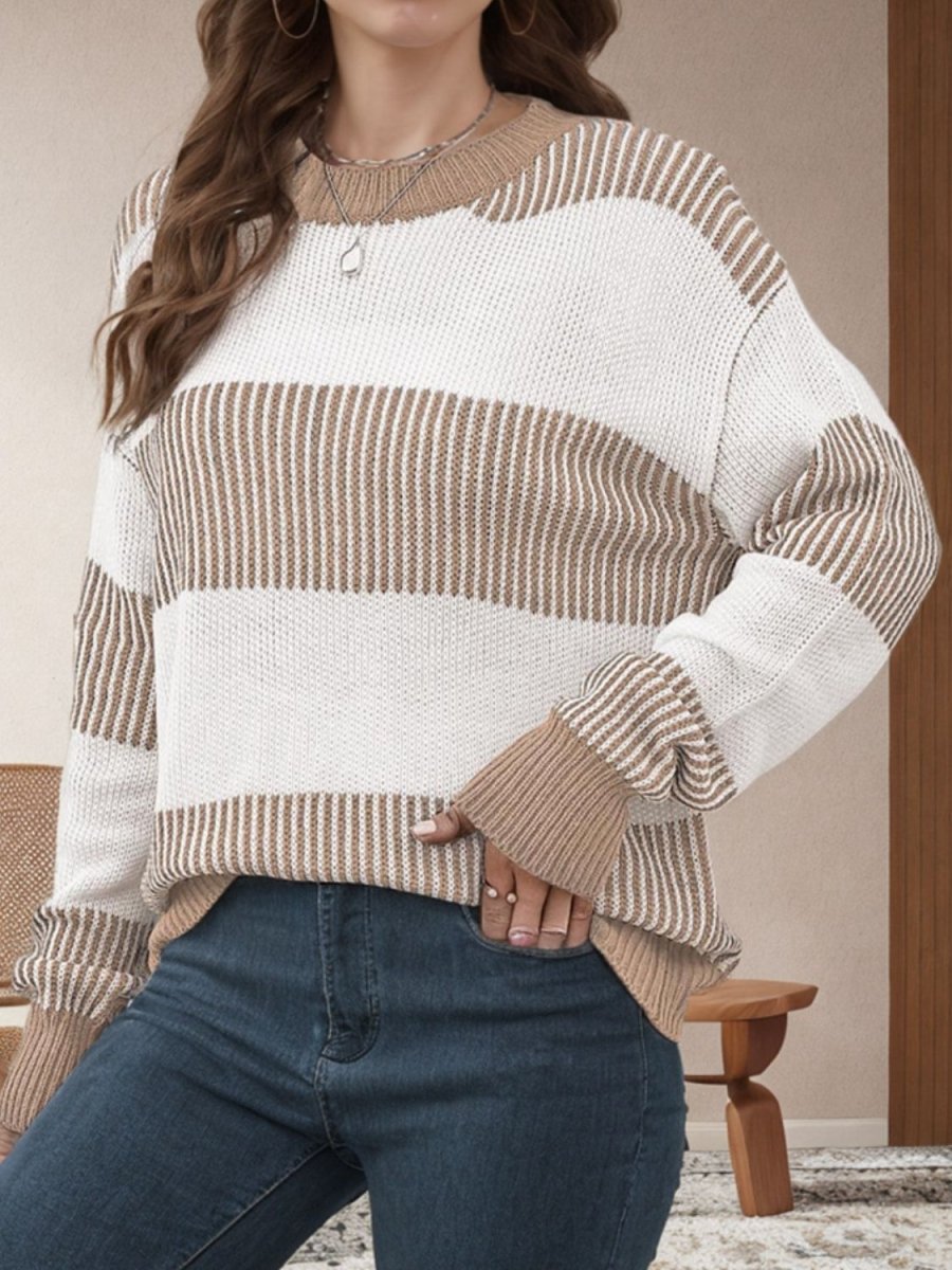 Striped Round Neck Long Sleeve Sweater - S. M. & Co.