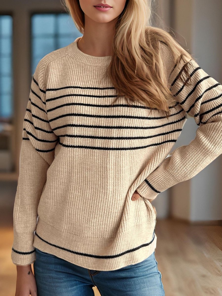 Striped Round Neck Long Sleeve Sweater - S. M. & Co.