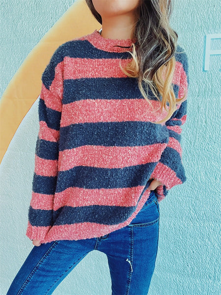 Striped Round Neck Long Sleeve Sweater - S. M. & Co.