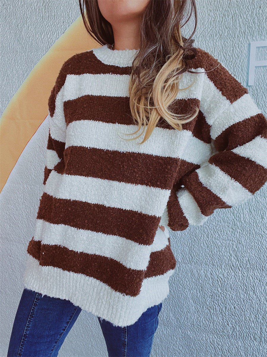 Striped Round Neck Long Sleeve Sweater - S. M. & Co.