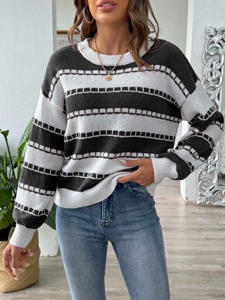 Striped Round Neck Long Sleeve Sweater - S. M. & Co.