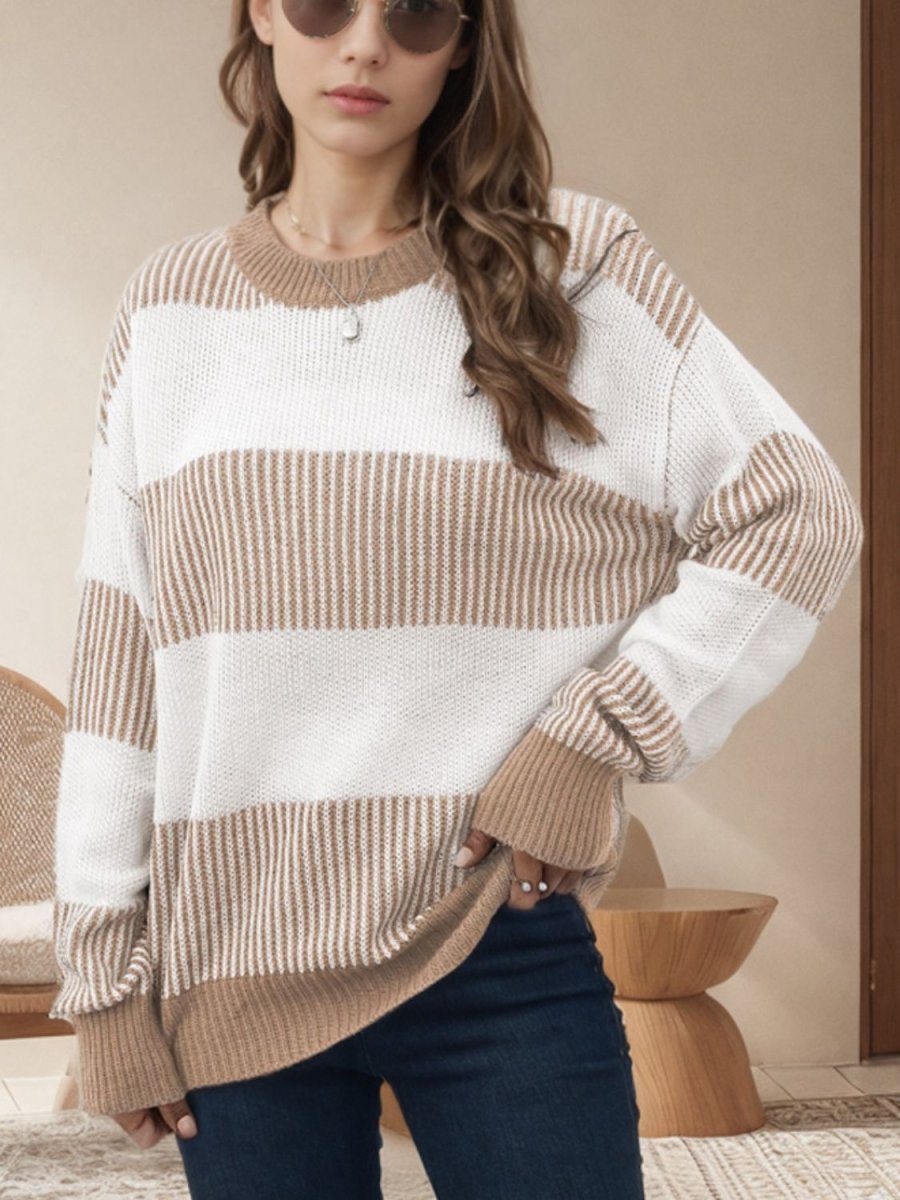 Striped Round Neck Long Sleeve Sweater - S. M. & Co.