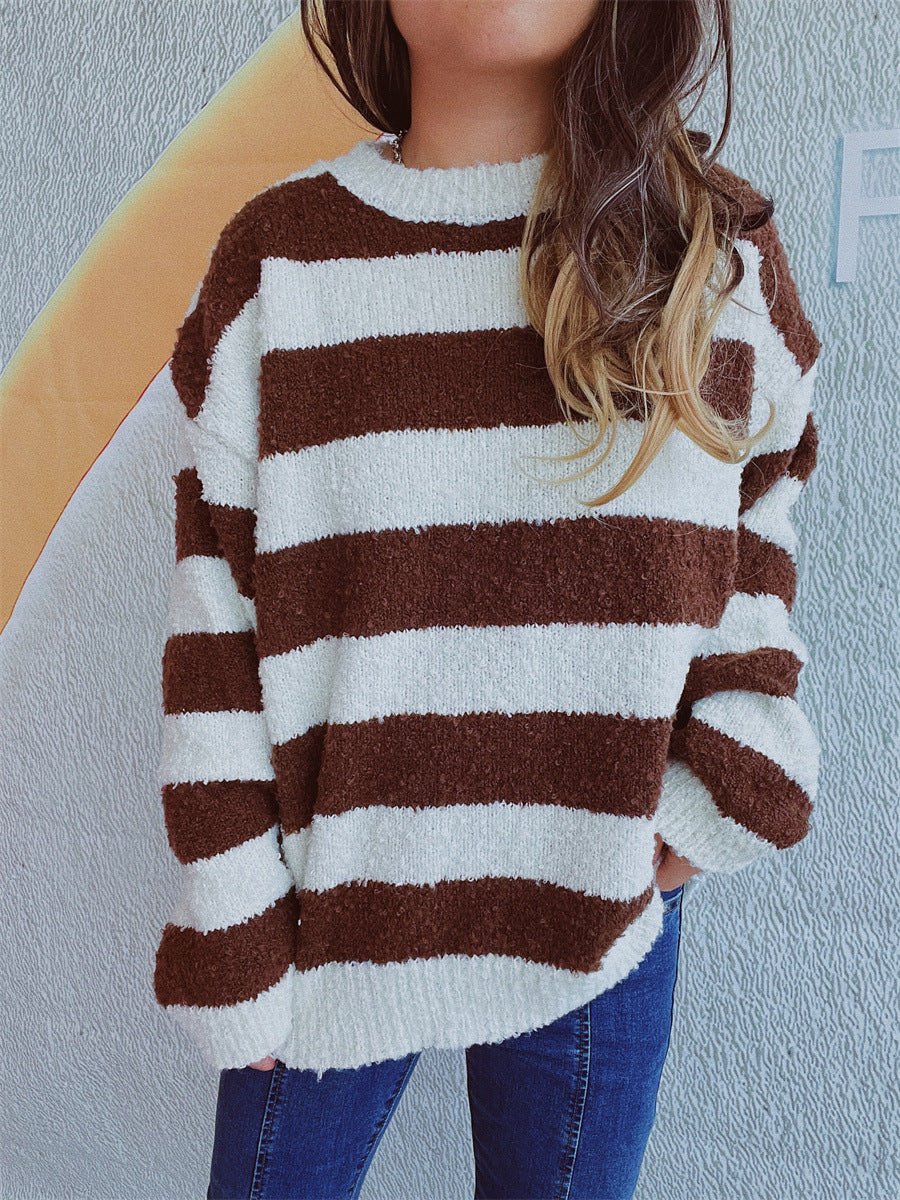 Striped Round Neck Long Sleeve Sweater - S. M. & Co.