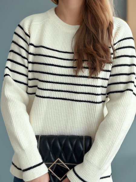 Striped Round Neck Long Sleeve Sweater - S. M. & Co.