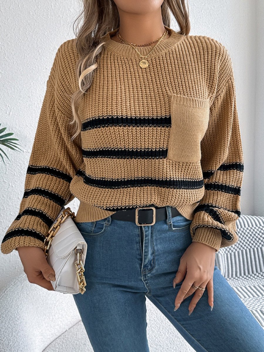 Striped Round Neck Long Sleeve Sweater - S. M. & Co.