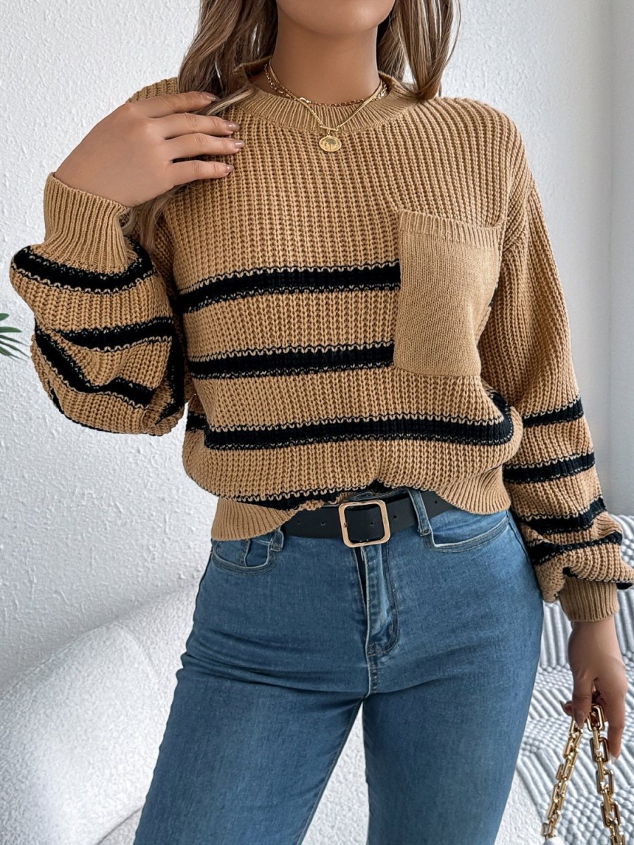 Striped Round Neck Long Sleeve Sweater - S. M. & Co.