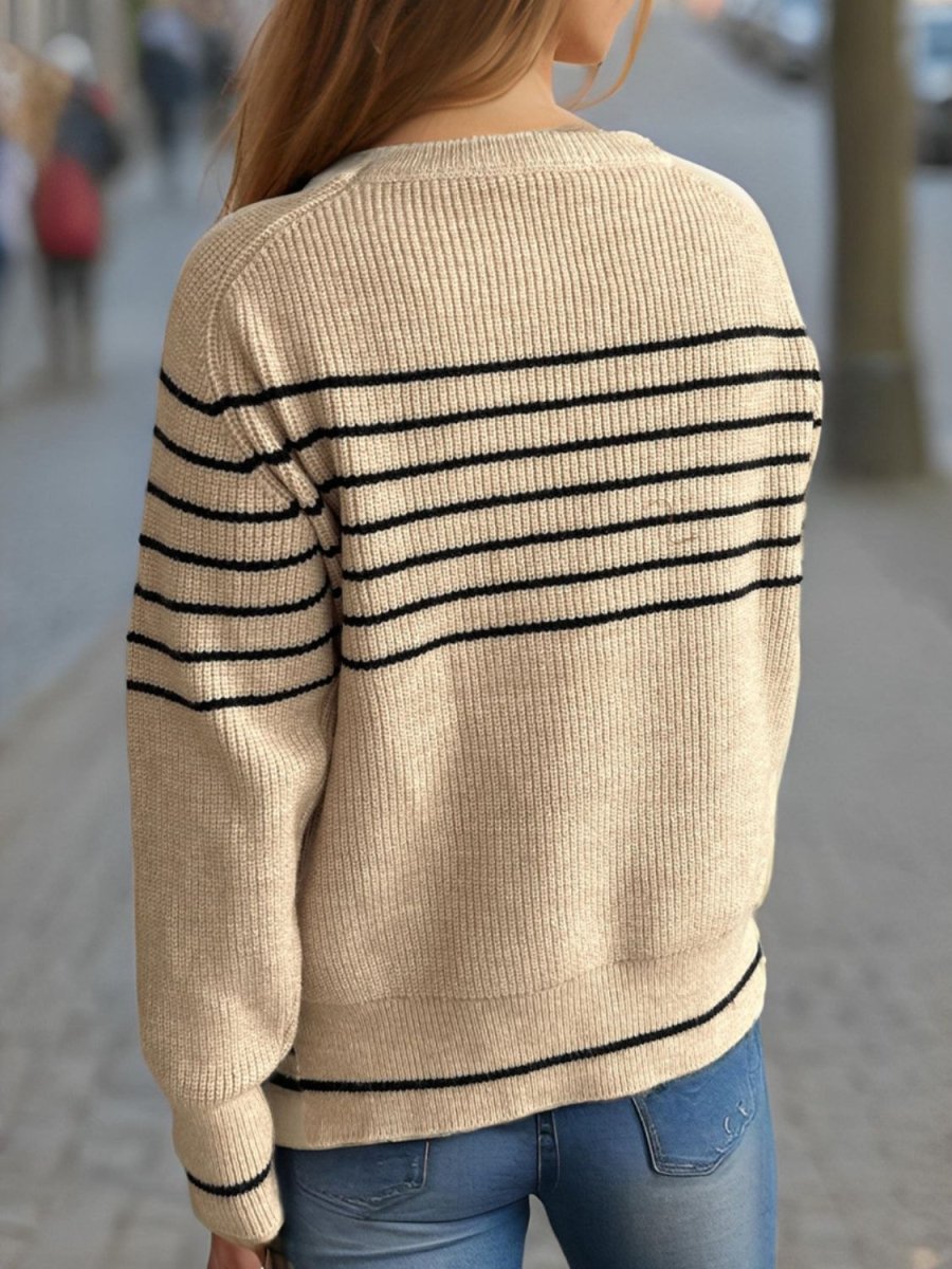 Striped Round Neck Long Sleeve Sweater - S. M. & Co.