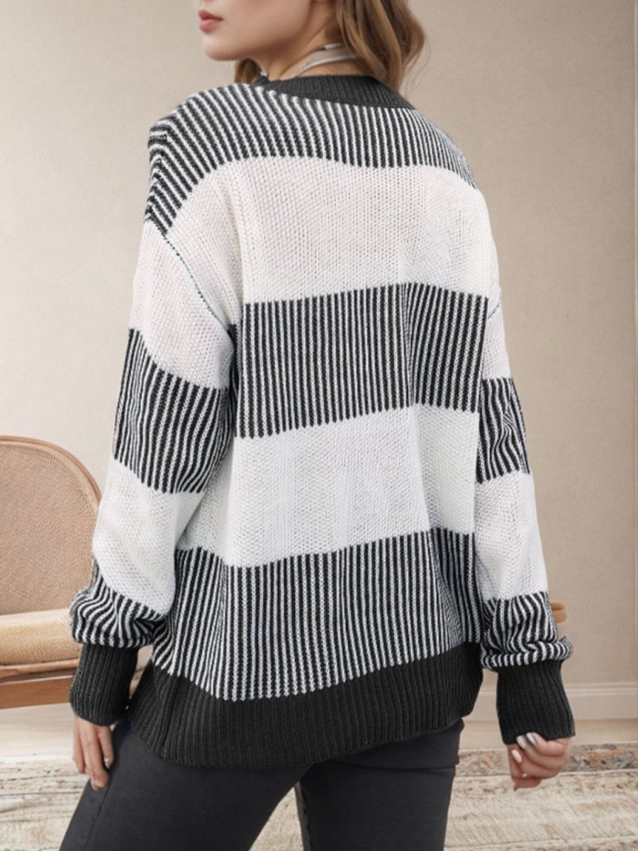 Striped Round Neck Long Sleeve Sweater - S. M. & Co.