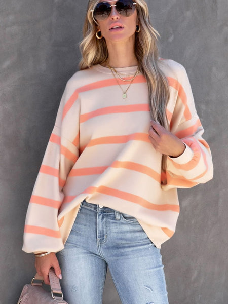 Striped Round Neck Long Sleeve Sweatshirt - S. M. & Co.