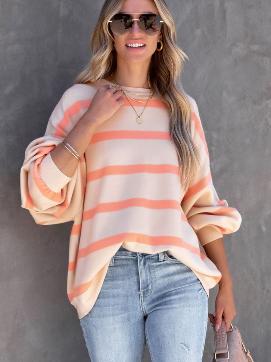 Striped Round Neck Long Sleeve Sweatshirt - S. M. & Co.