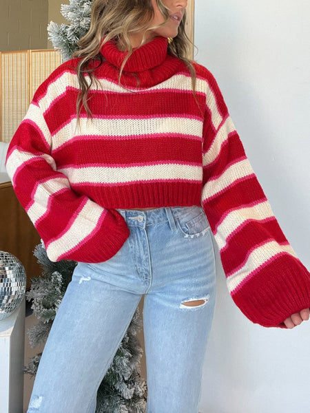 Striped Turtleneck Long Sleeve Cropped Sweater - S. M. & Co.