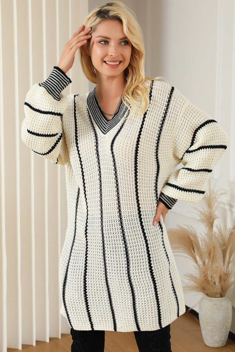 Striped V - Neck Dropped Shoulder Sweater - S. M. & Co.