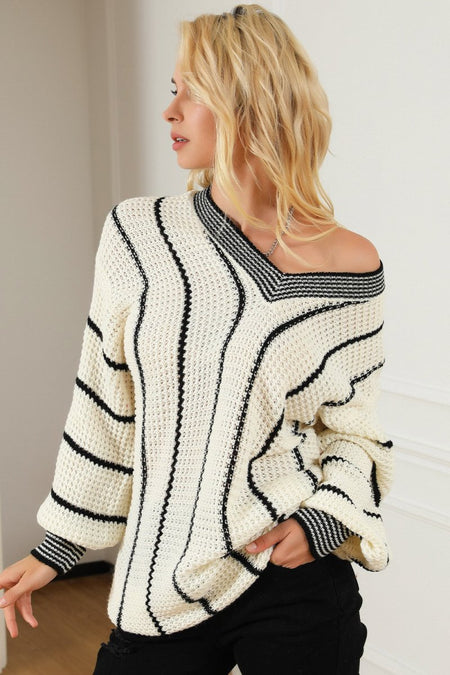 Striped V - Neck Dropped Shoulder Sweater - S. M. & Co.