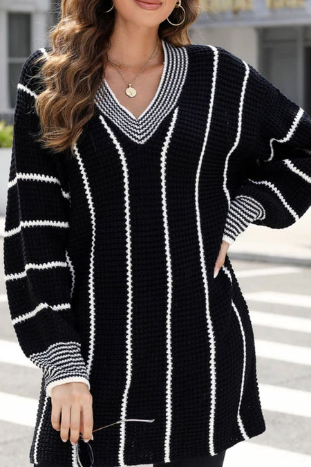 Striped V - Neck Long Sleeve Sweater - S. M. & Co.