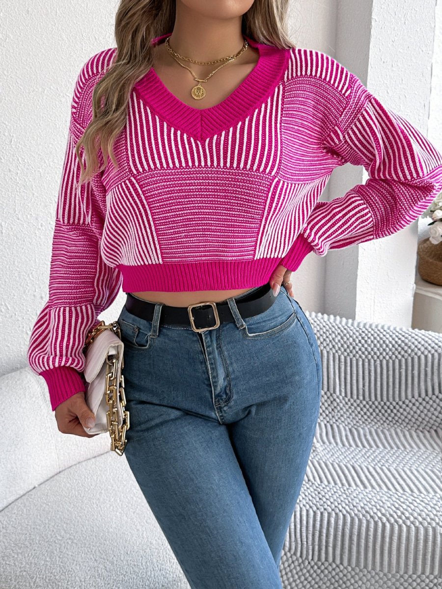 Striped V - Neck Long Sleeve Sweater - S. M. & Co.