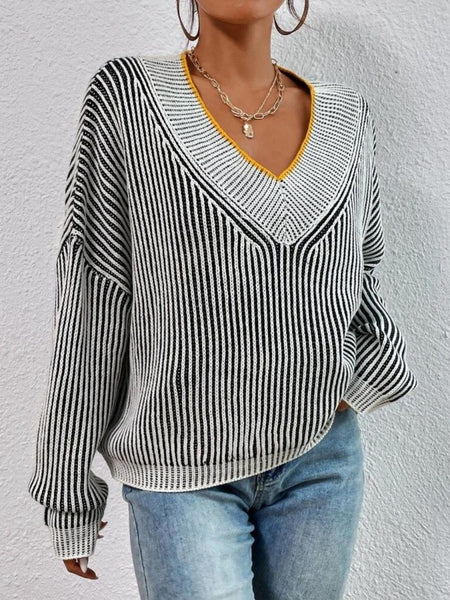 Striped V - Neck Long Sleeve Sweater - S. M. & Co.