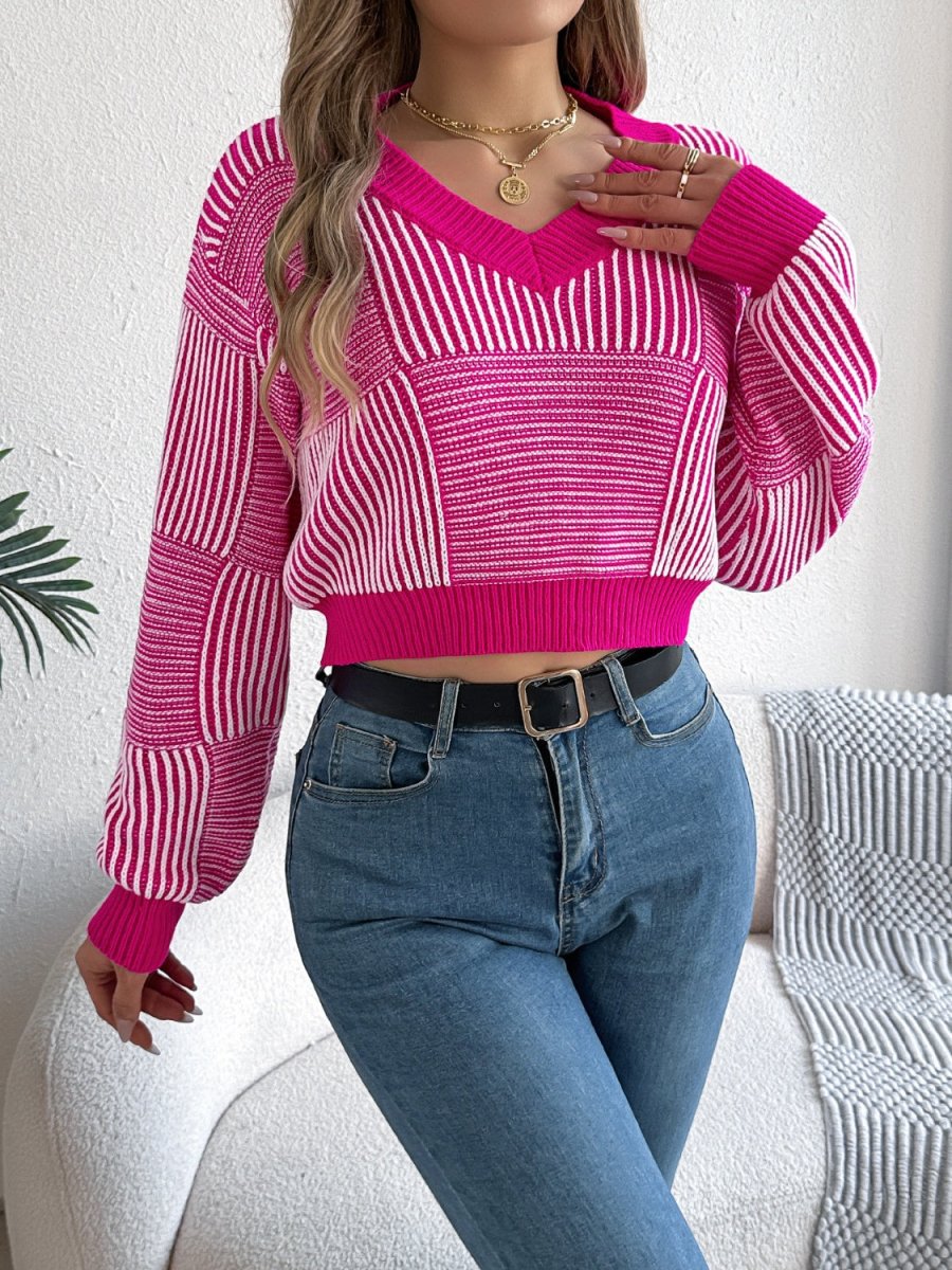 Striped V - Neck Long Sleeve Sweater - S. M. & Co.