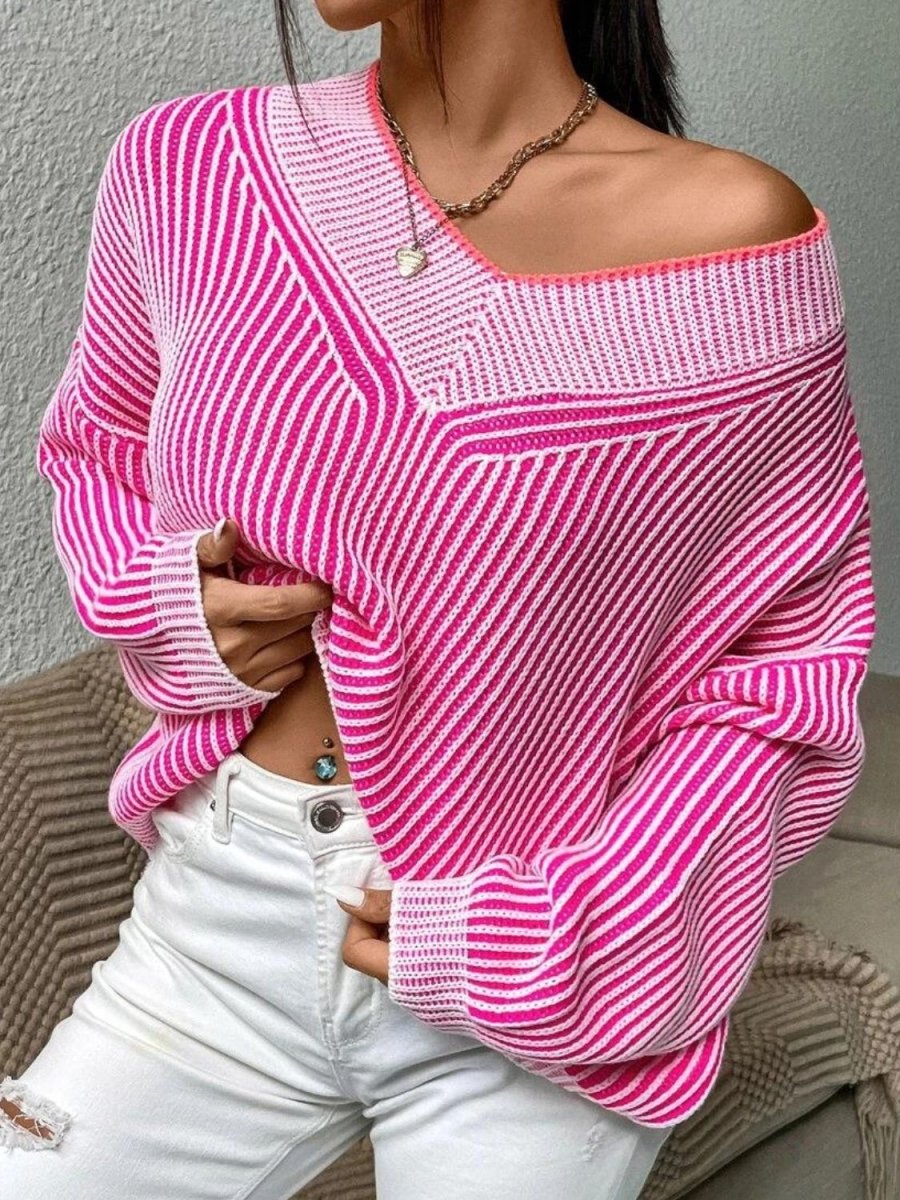 Striped V - Neck Long Sleeve Sweater - S. M. & Co.